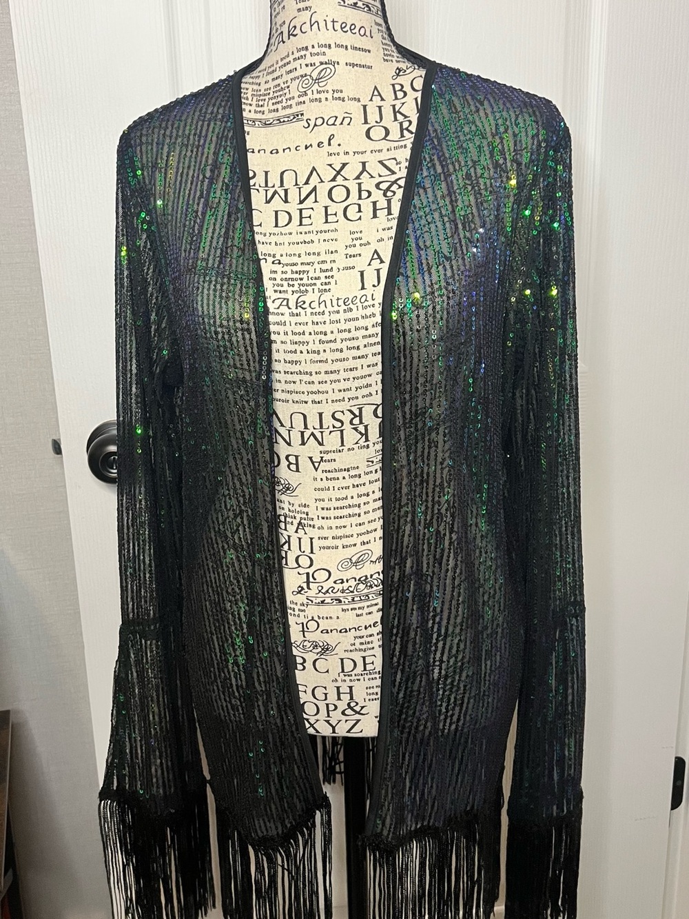 Open-Front Black Sequin Fringe Cardigan Shrug